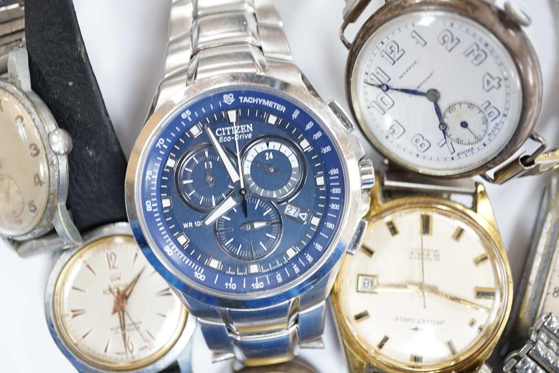 A group of assorted mainly steel wrist watches including three Cyma, a Roamer and modern Citizen Eco-Drive.